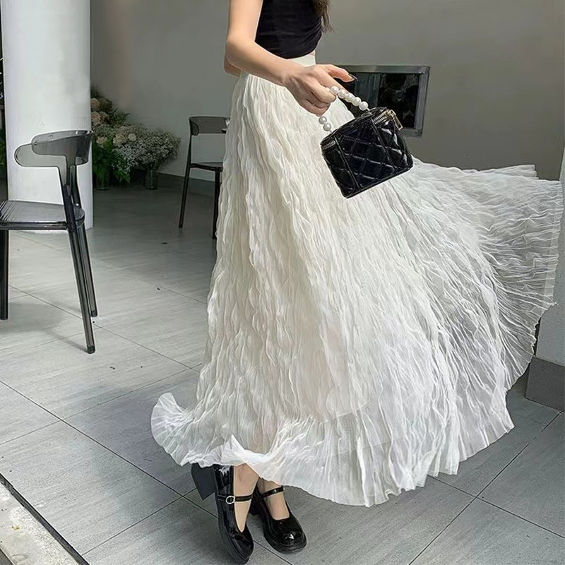 Summer Elegant Wavy Pleated Slimming Look Skirt for Women High Waist Slimming Look Mid-Length A-Line Large Hem Mesh Skirt White