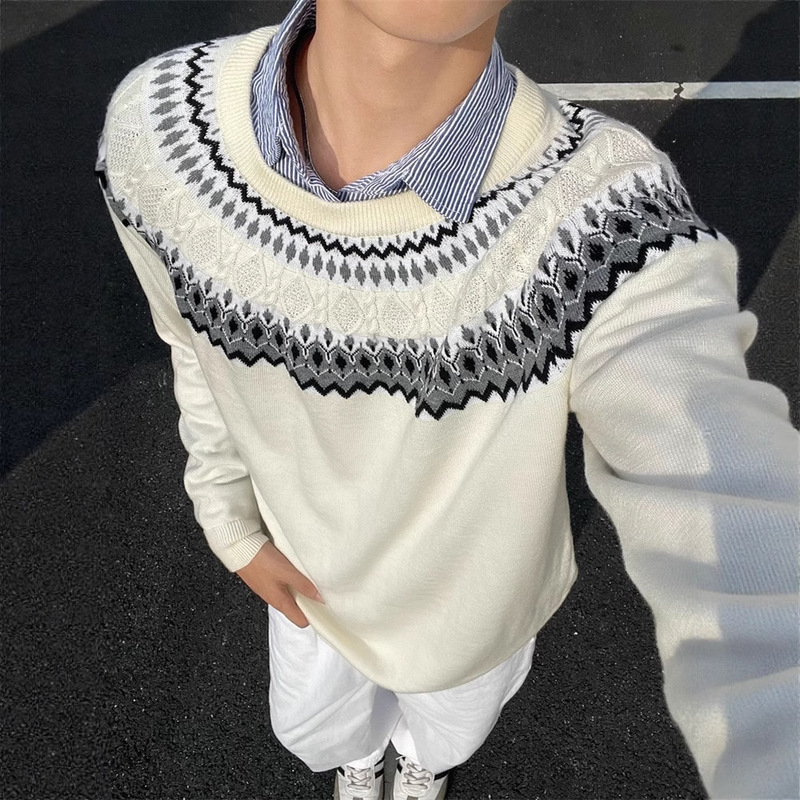 American Retro Fair Isle Boxy Sweater for Men, Autumn High-End Cable Knit Long-Sleeve T-Shirt, Heavy Weight, Regular Shoulder Base Shirt