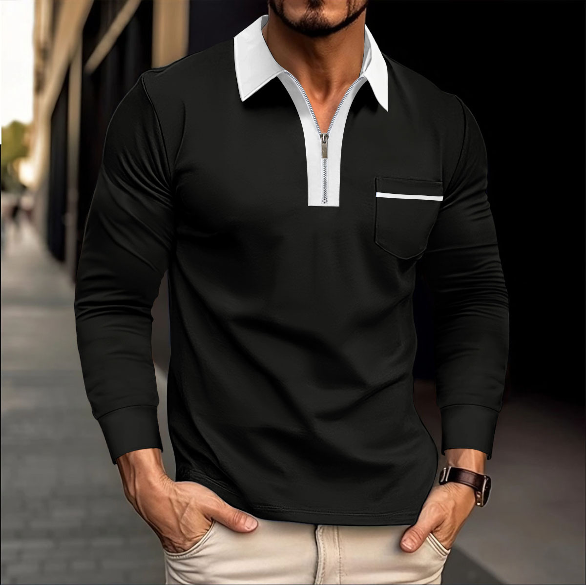 Nuevo nuevo transfronterizo Europa y América Amazon otoño de manga larga hombre bolsillo casual con cremallera casual polo image 14