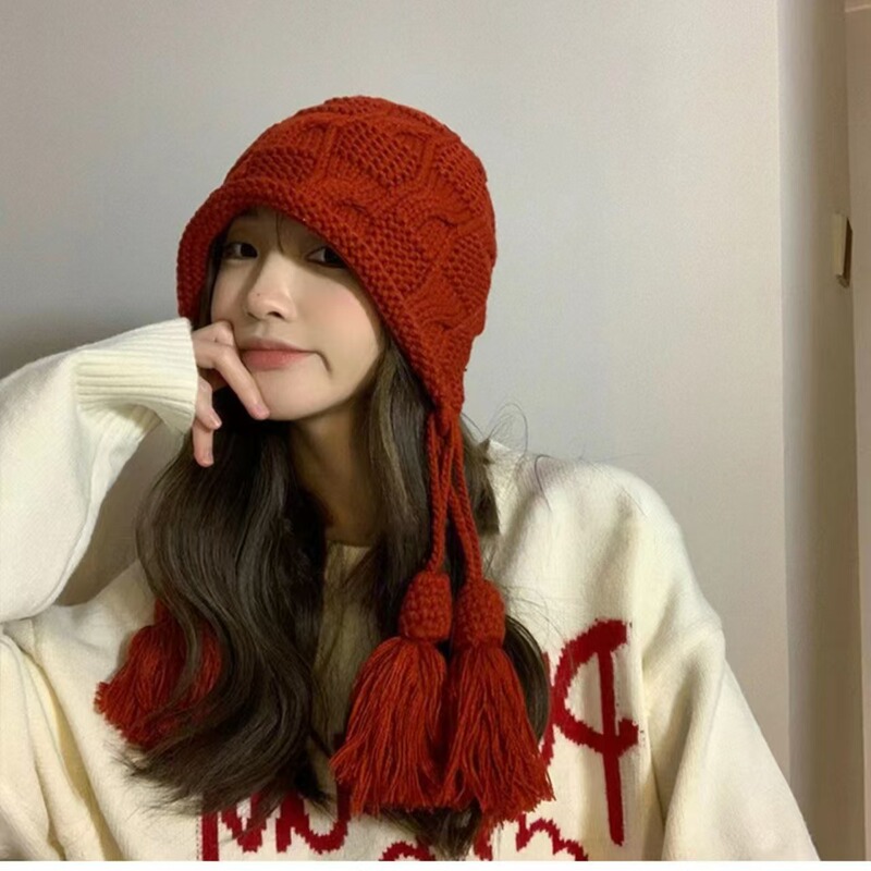 New Year Red Hat Christmas Women's Retro Warm Wool Tassel Pullover Hat Handmade Knitted Ear Protection Wool Hat