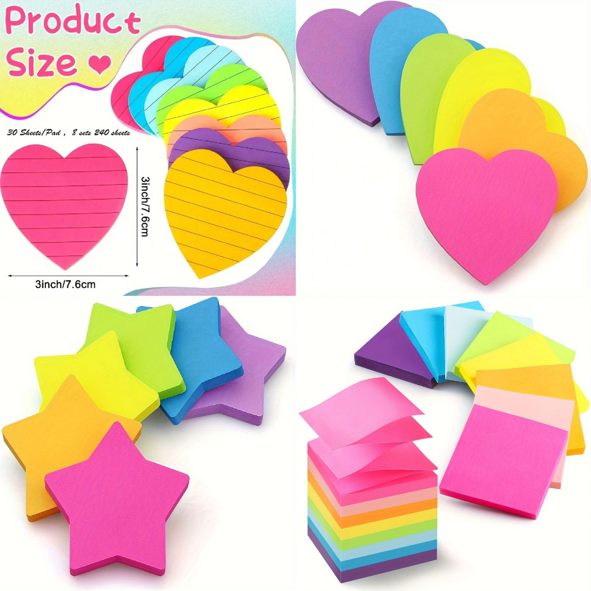 Cross-border 8-color love horizontal line fluorescent color in stock heart-shaped post-it note five-pointed star creative pull-out pop-up