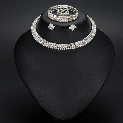 European and American big-name fashion necklaces, earrings, rings and bracelets, four-piece set, full diamond three-row choker bridal set N5593