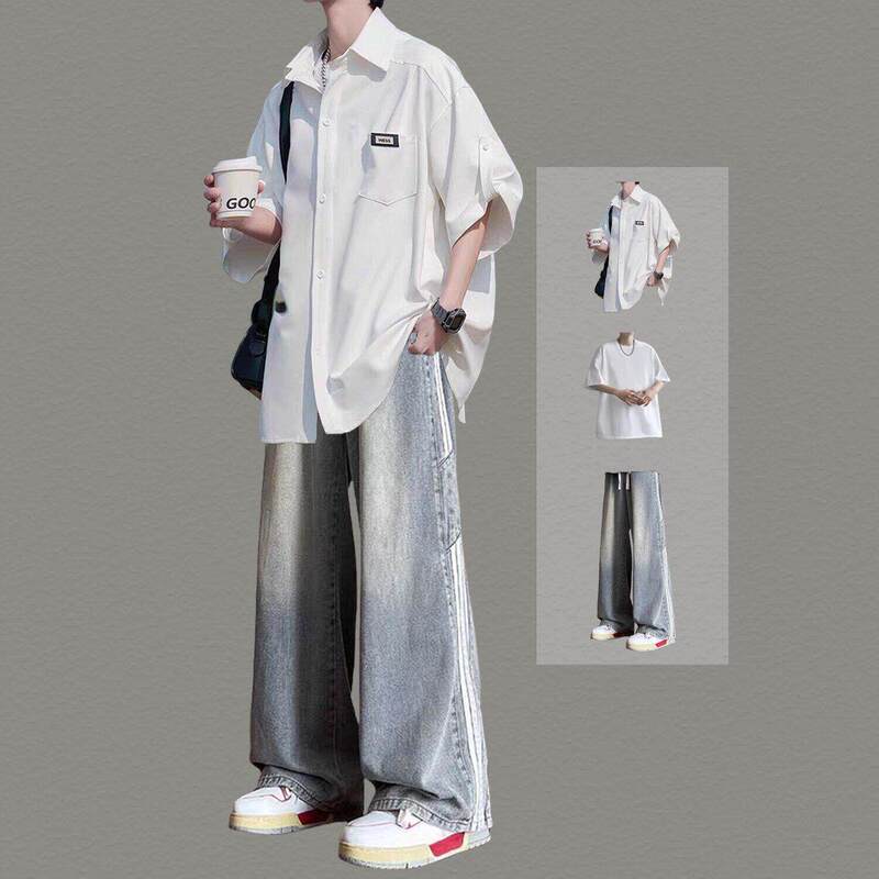 Teenage Japanese-Style Short-Sleeved Shirt for Men, Summer Trendy Cool Three-Piece Set Paired with Jeans, Student Outfit