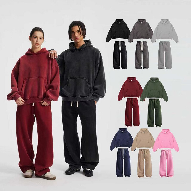 Autumn and Winter Boxy Short Wide Velvet Hooded Sweatshirt Suit Cleanfit Trendy Brand Frayed Old Scimitar Wide-Leg Pants