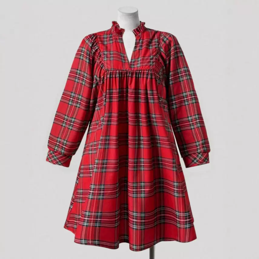 跨境 2025年秋季圣诞V领 圆领格纹印花宽松休闲复古优雅连衣裙