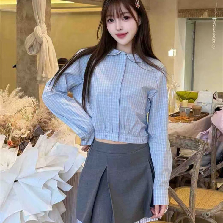 2026 Spring New Product Doll Collar Lace Women's Long-Sleeved Loose Short Version Slimming Plaid Shirt