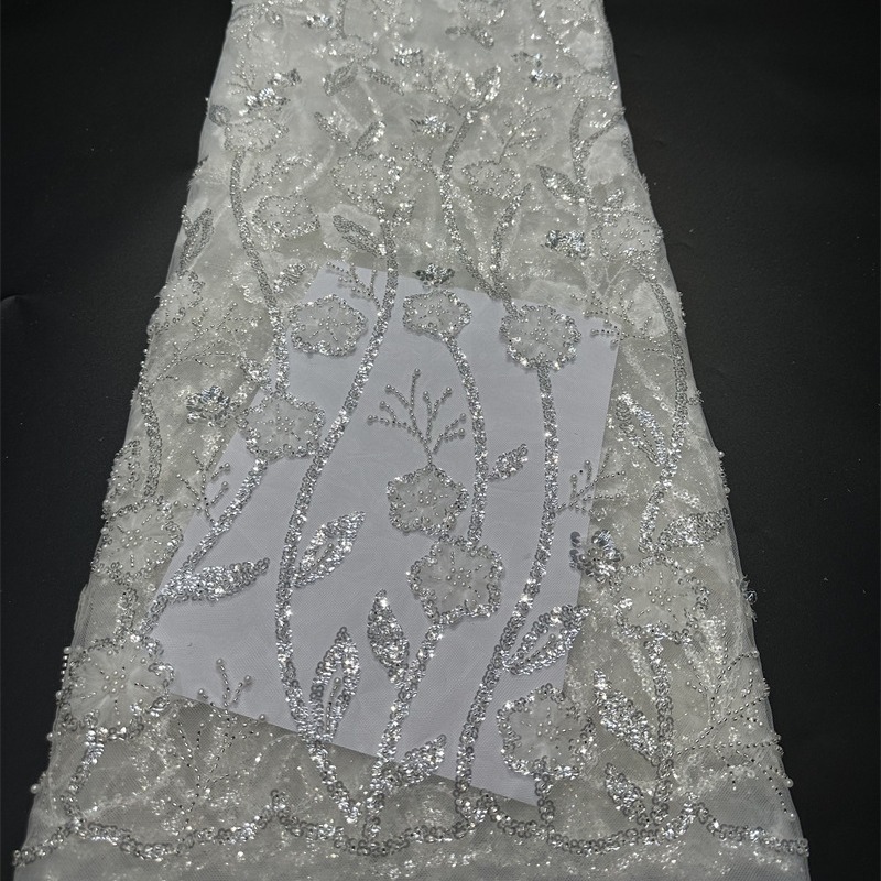 Tejido bordado de bordado de cuentas blancas de encaje de cuentas de tela de alta moda vestido de boda vestido de tela image 7