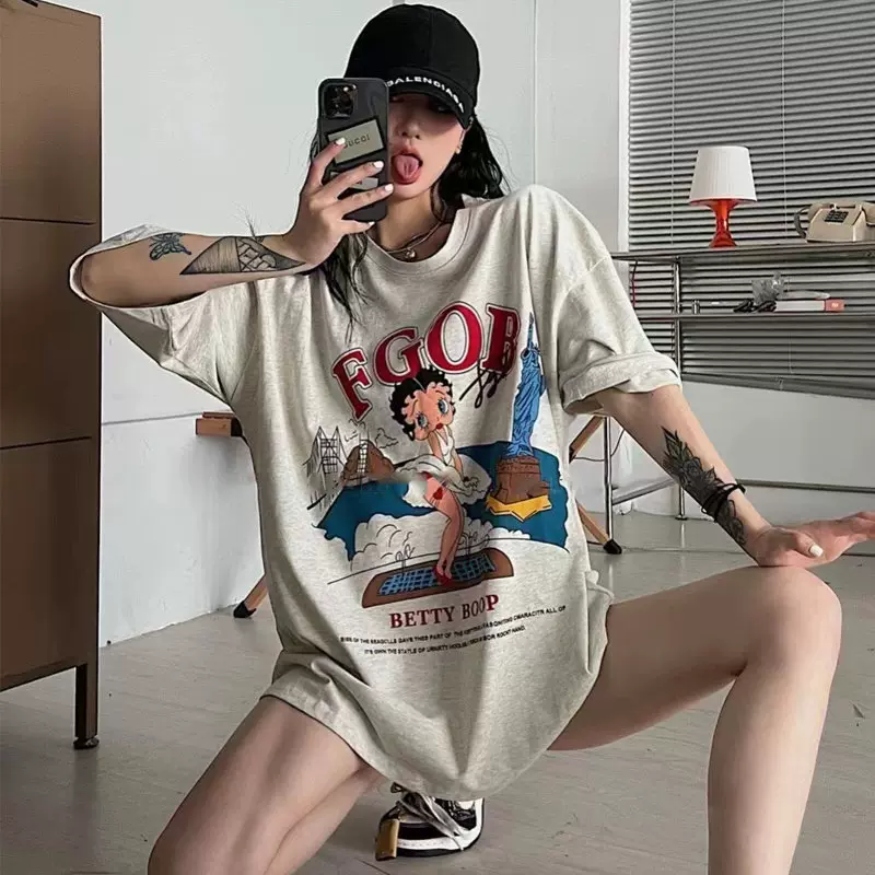 灰色短袖t恤女2026新款爆款夏季纯棉宽松半袖超好看独特漂亮上衣