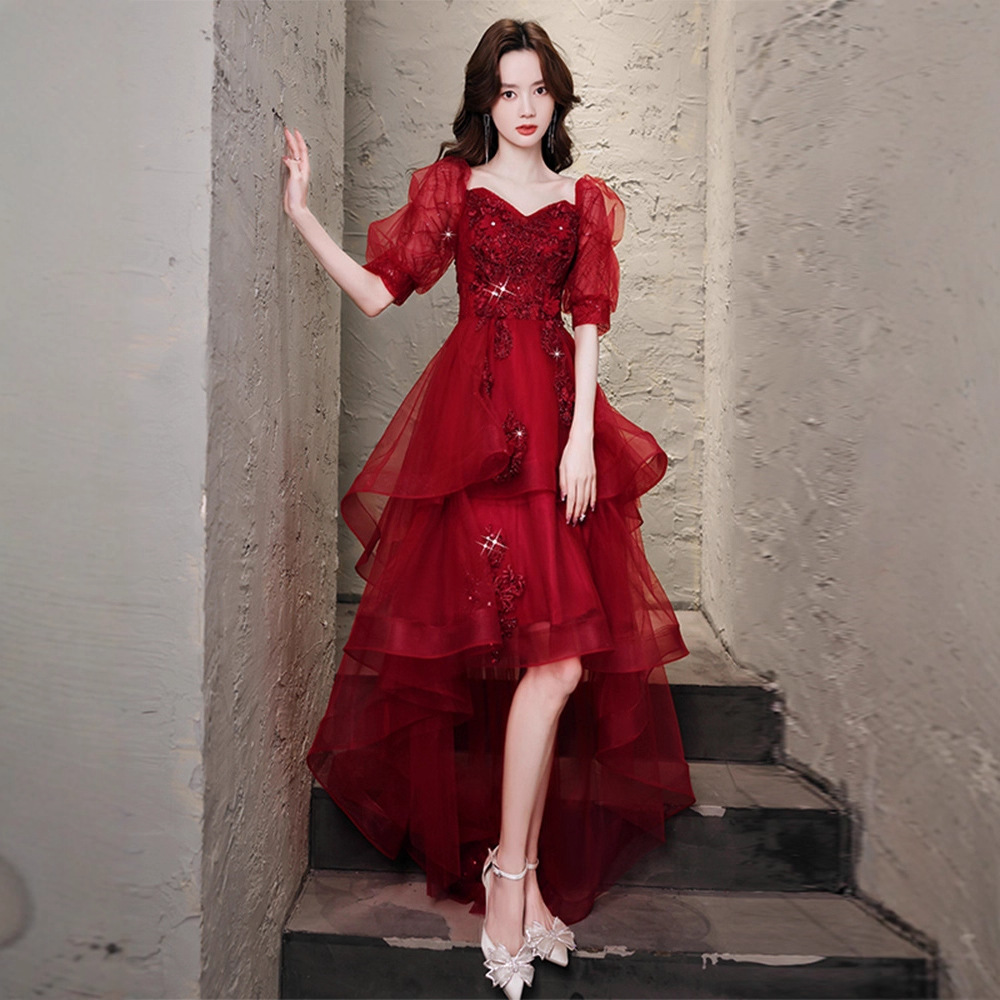 Red Wedding The Bride, Elegant Front-short-back-long Engagement Gown, Light And Fairy-like Evening Dress For Women_voghion.com