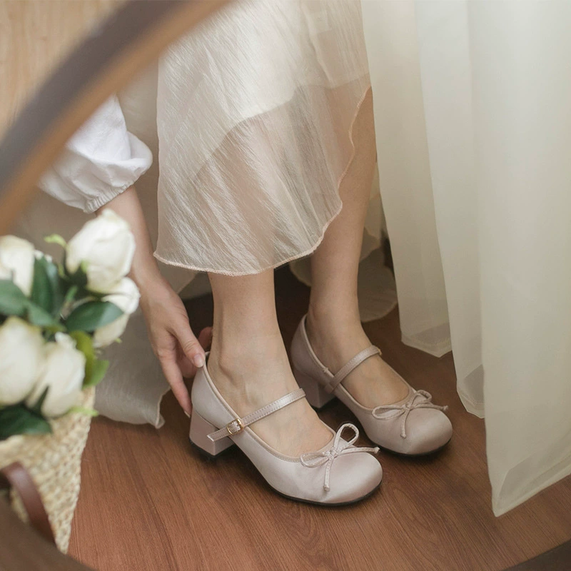 Туфли Мэри Джейн с атласным бантом, винтажный Чонсам в стиле Лолиты на толстом каблуке, весенний балет на среднем каблуке с юбкой
