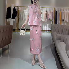 2024夏款的刺绣复古套装裙女2024早春高腰显瘦盘扣开衩裙