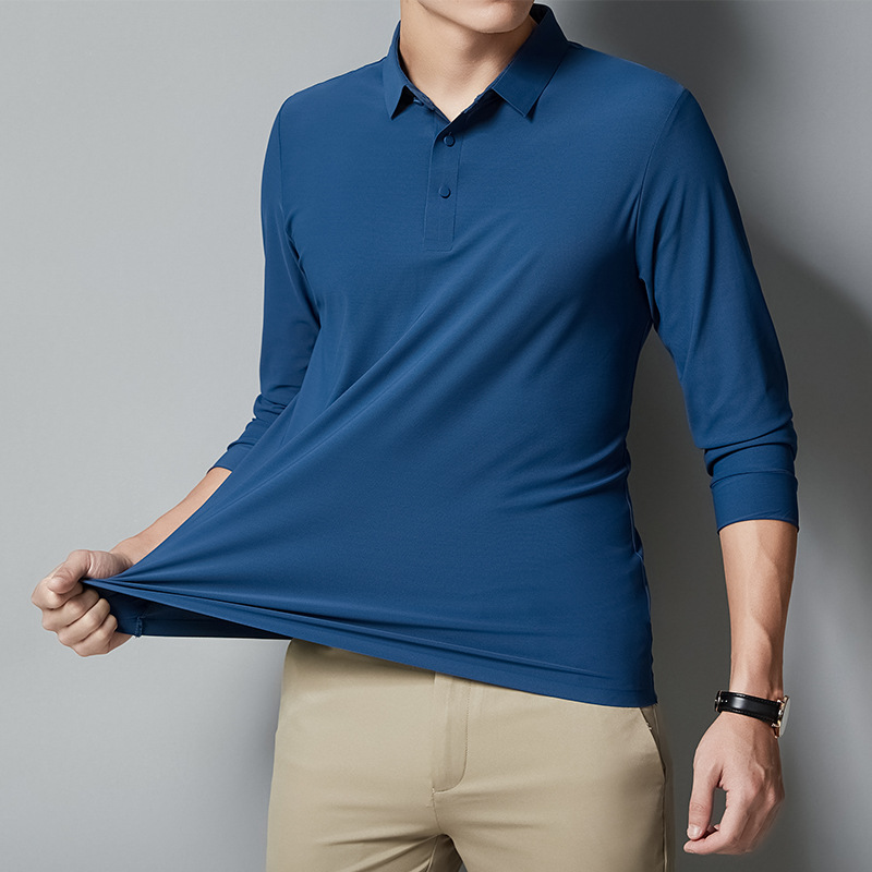 New Spring/Autumn Men's Polo Shirt, Long Sleeve, Seamless, Luxury Business Style, High-End Lapel Men's Top/Base Shirt
