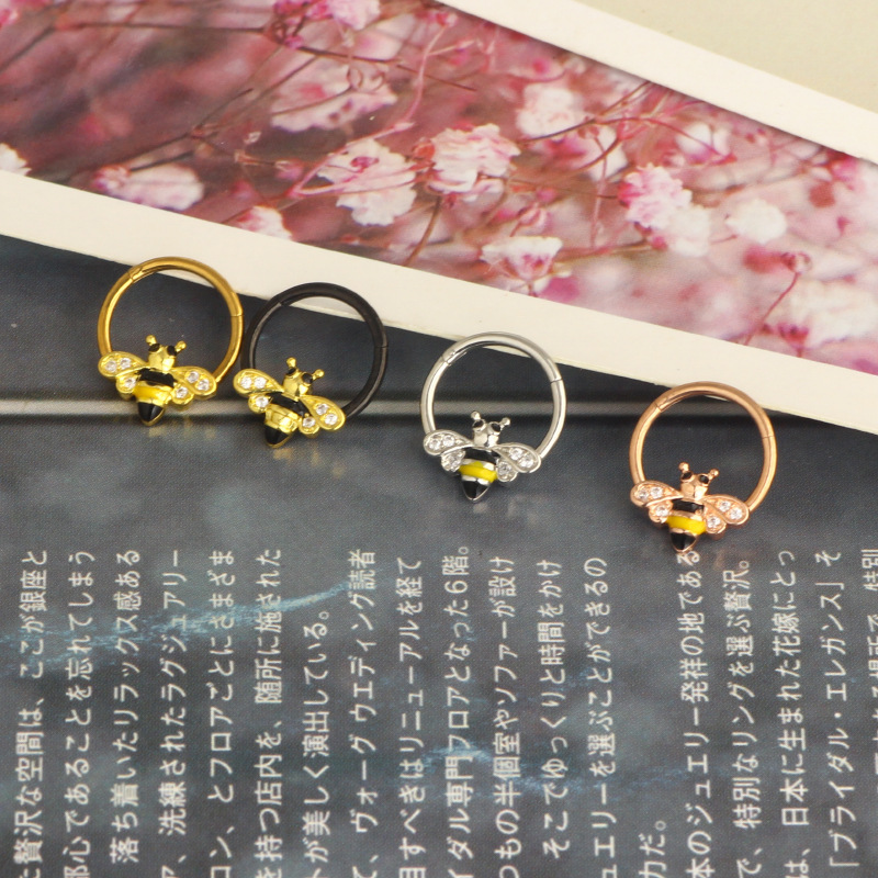 Rose Gold Star Nose Ring Clip Septum Piercing Jewelry - 316L Surgical Steel, 1.2x10mm, Bee Pendant Design detail image 7