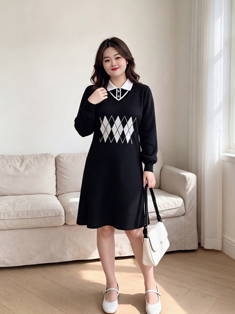 65-160kg Plus Size Women's College Style Sweatshirt Dress for Autumn and Winter, Fashionable Suit Collar Dress for Slightly Plump Women