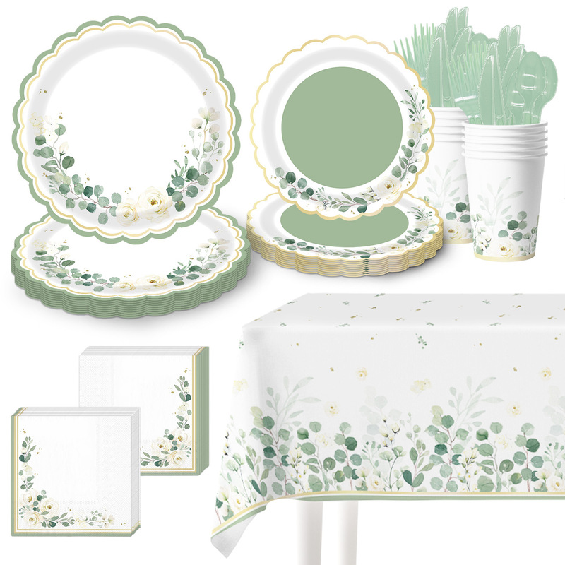 Spring Sage Green Lace Plate Holiday Party Decoration Disposable Tableware Set Paper Plates Paper Cups Paper Napkins Tablecloth
