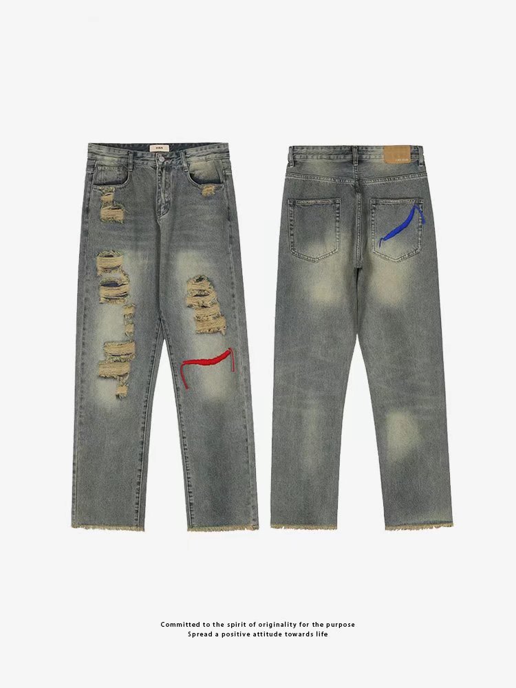 High Washed Vintage American Street Style Distressed Jeans Straight Trendy Unisex_viptrois.com