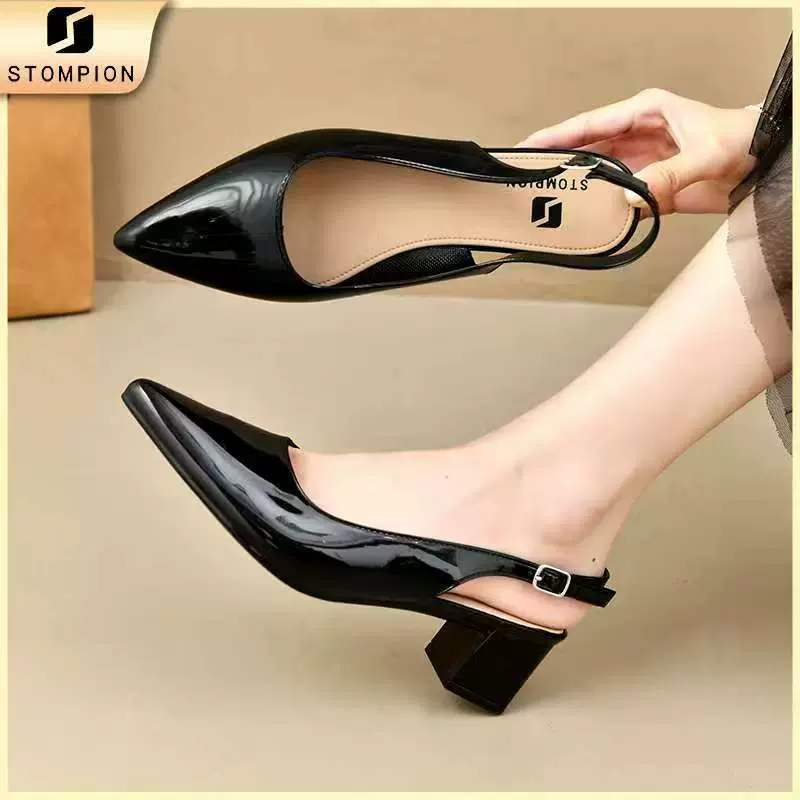 跨境菲律宾欧码黑色工作鞋尖头高跟鞋粗跟单鞋包头后空女士凉鞋