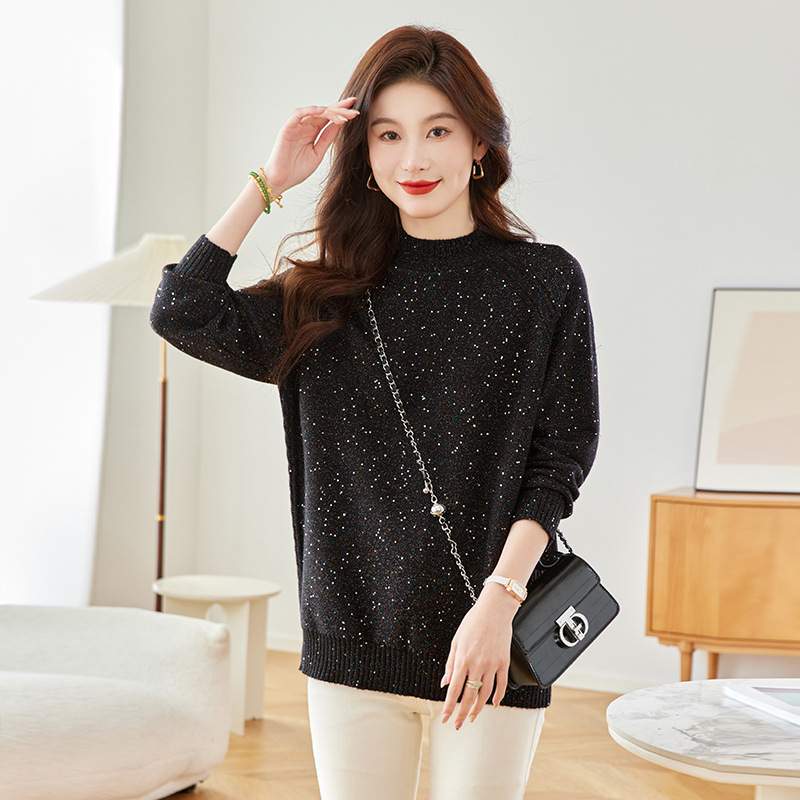 양모 중간 길이의 하프 터틀넥 스웨터 2024 가을과 겨울 새로운 레이드 백 느슨한 중간 길이의 니트 베이스 탑