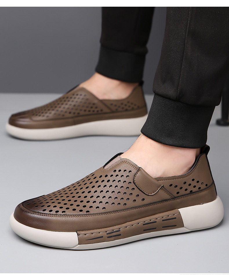 Giày da nam da bò thật đục lỗ thoáng khí đế mềm phong cách thường ngày — GX7025 màu kaki, GX7025 màu vàng chi tiết 18