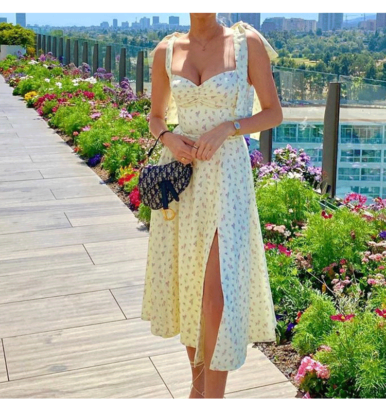 Fashion V-neck Sling Lace-up Halter Floral Split Base Dress NSHHF53621