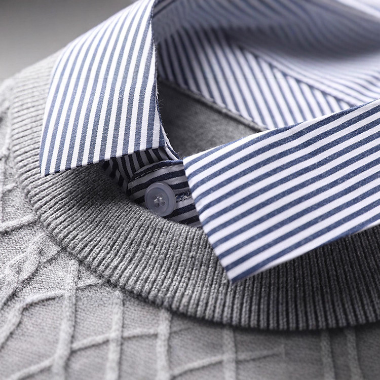 Falso de dos piezas Jacquard hombre otoño invierno nueva camiseta de manga larga camiseta de moda casual cuello cálido suéter base