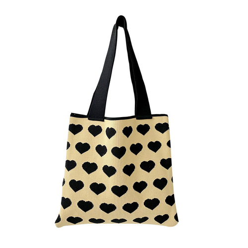 Bag Contrast Color Love Knitted Shoulder Bag Handbag Student Versatile Commuting Large Capacity Canvas Bag