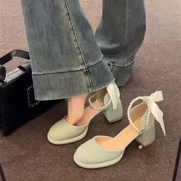 Bowknot Women's Shoes 2025 New Dopamine Style Cheap High Heels Beaded Square Heel Fashion Versatile Round-Toe Women's Shoes Bowknot Women's Shoes 2025 New Dopamine Style Cheap High Heels Beaded Square Heel Fashion Versatile Round-Toe Women's Shoes