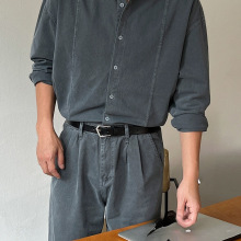 跨境跨境MYQ复古水洗休闲衬衫男春季宽松长袖衬衣韩版潮流痞帅牛