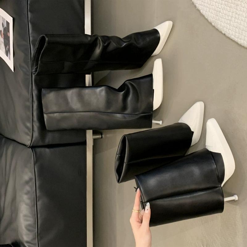 Брюки сапоги 2024 осень-зима новые короткие сапоги женские кожаные рукава дикие минималистские колготки эластичные сапоги остроконечные туфли на высоком каблуке