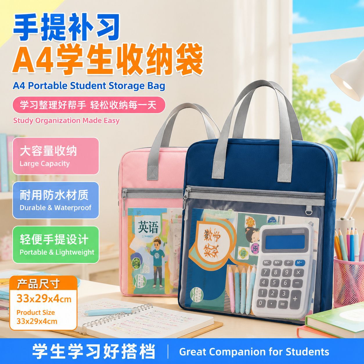 Wholesale large-capacity zippered tutoring tote bag for students, junior high school subject classification document bag, book storage bag for tutoring