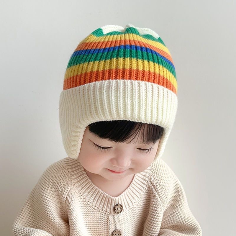 子供用帽子、秋と冬の韓国風ニット帽、カラフルなウール帽子、女の子と男の子のための暖かい耳保護帽子、トレンディなプルオーバー帽子