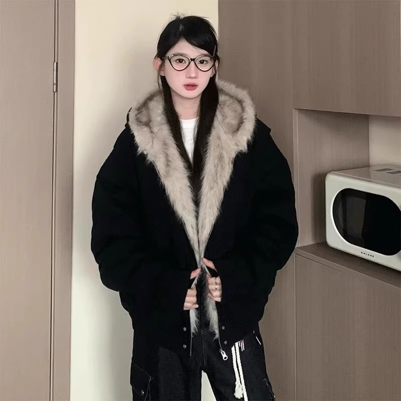 座山雕毛茸茸毛领棉服外套男女加绒加厚夹克美式cleanfit冬季棉衣|undefined