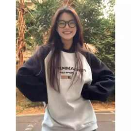 美式街头拼色重磅加绒长袖卫衣女秋冬新款大码薄款韩系内搭ins上