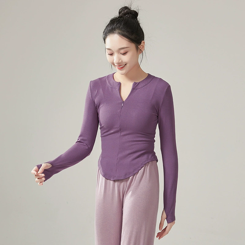 Трикотажный Приталенный топ на молнии с V-образным вырезом для современных танцев и длинными рукавами, Классическая осенне-зимняя танцевальная одежда для тренировок