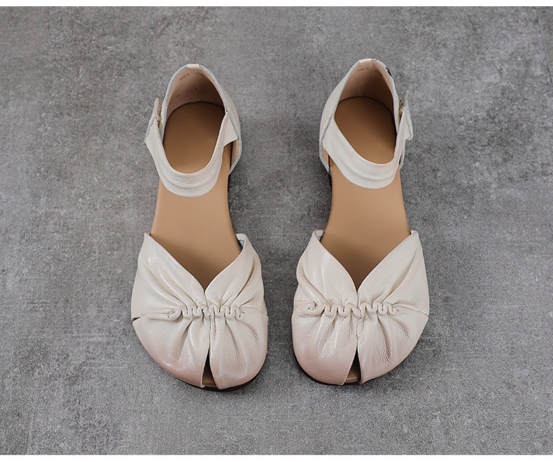 Sandal nữ da bò thật phong cách cổ điển, đế bệt thủ công, mũi nhăn — màu be chi tiết 14