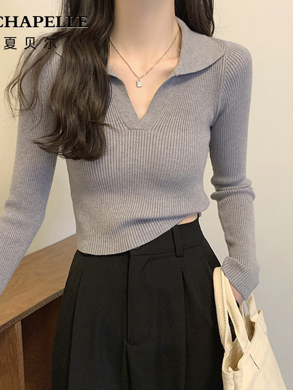 睛雅服饰灰色POLO领针织打底衫女夏季2025年新款纯欲修身短款上衣|undefined