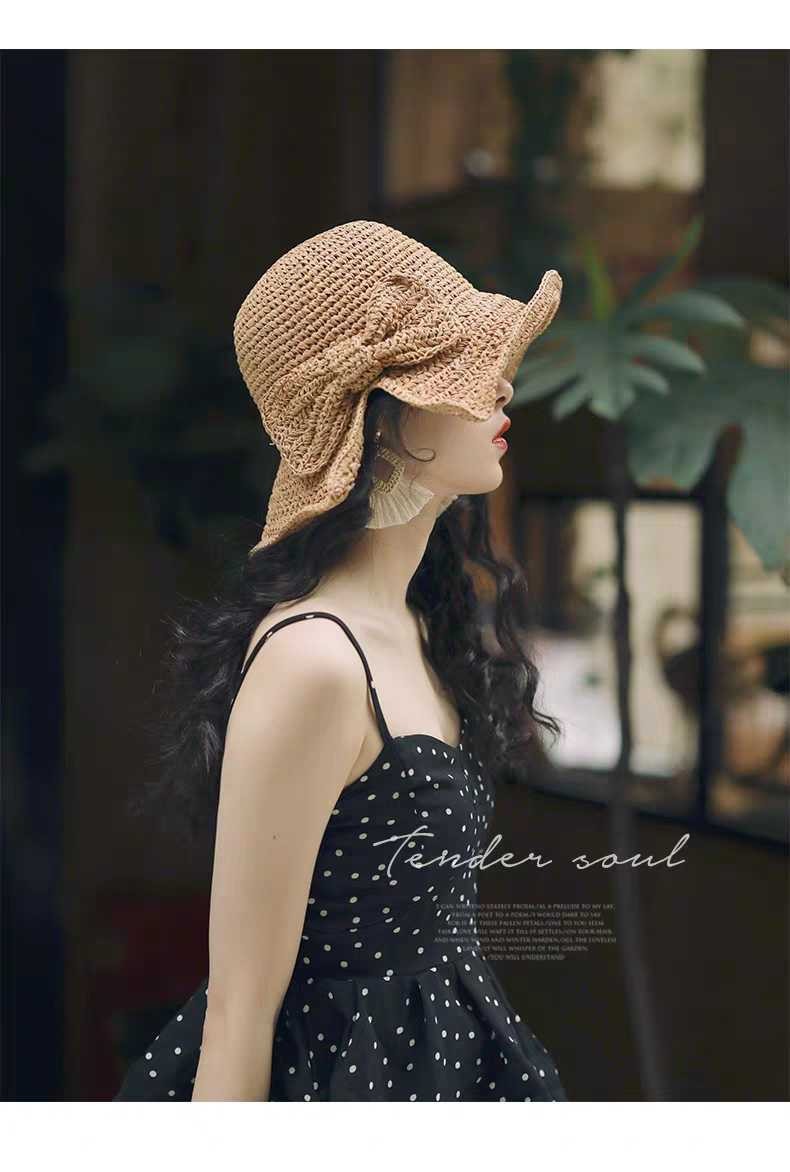 امرأة رعوي اللون الصامد Bowknot طنف واسعة قبعة من القش display picture 3