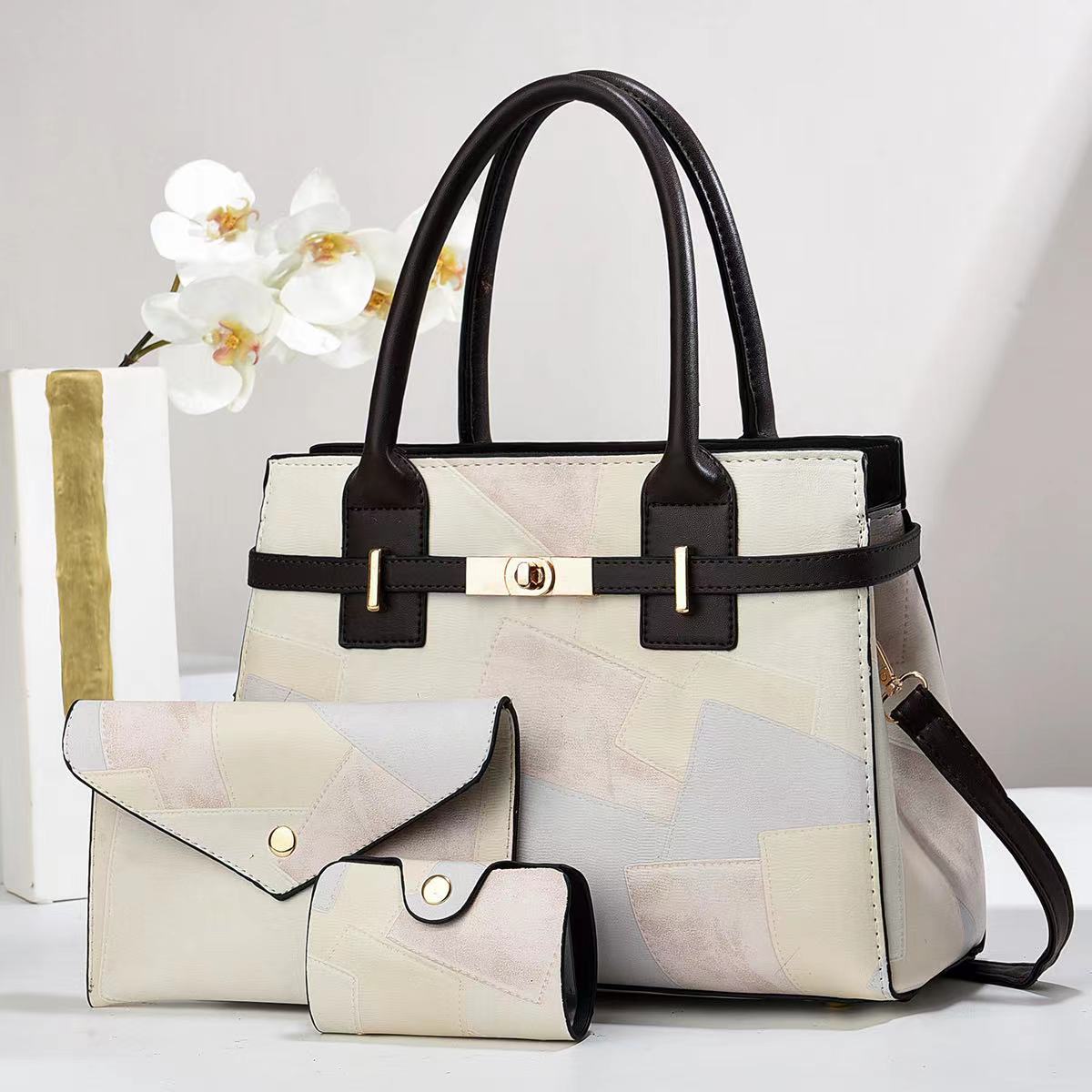 Pu Leather Material Color Block Pattern Women's Pu Leather Color Block Elegant Classic Style Square Zipper Bag Sets Tote Bag