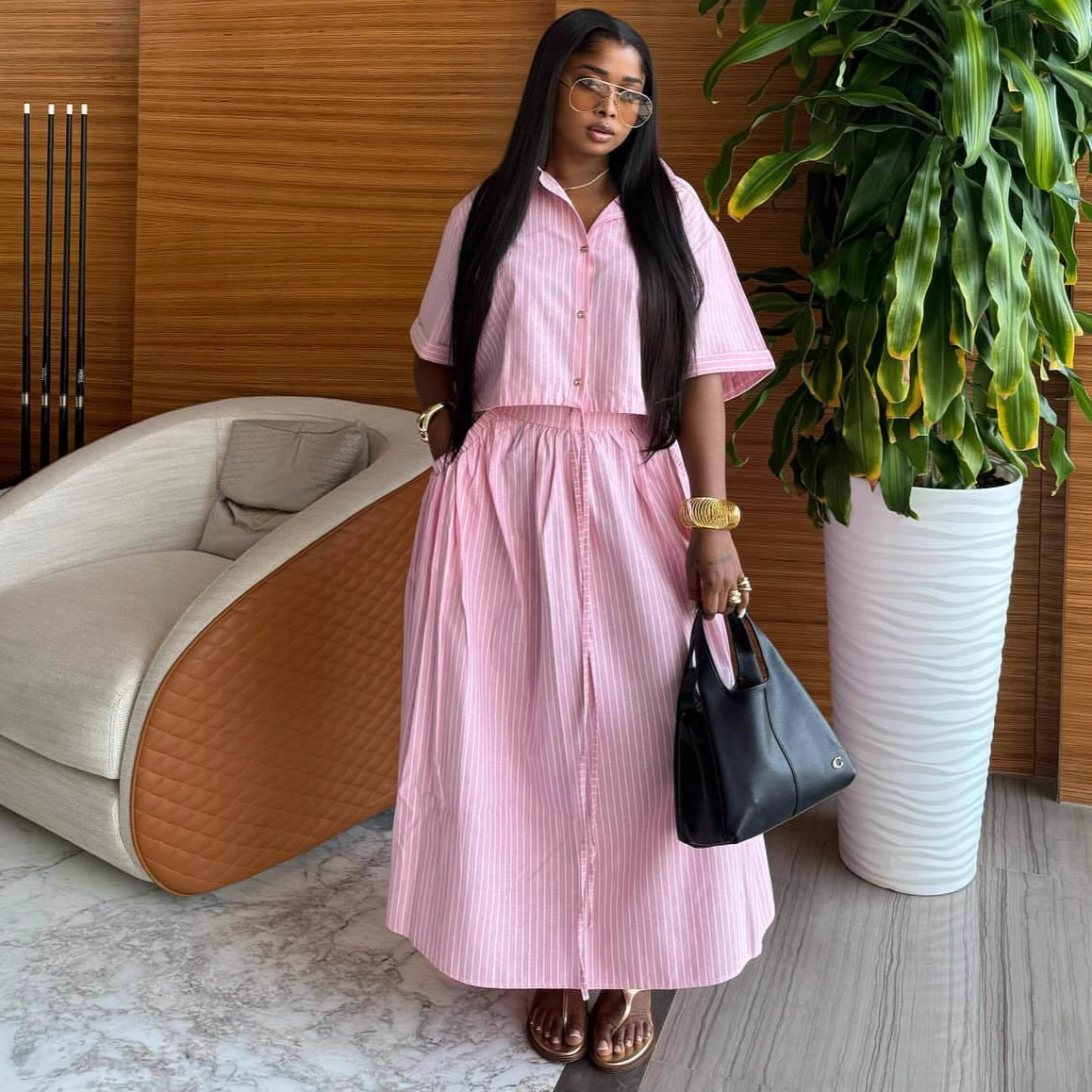 Women's Stripe Lapel Shirt & High-Waist Wrap Skirt Set – Trendy Two-Piece Outfit With Tied Waist Detail (Pink, S-Xxl)_voghion.com