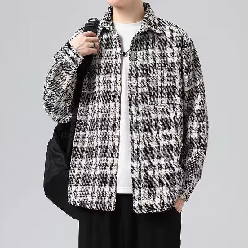 Vintage Chanel Style Knitted Plaid Shirt Men's Sense Duffy Handsome Trendy Casual Fresh Style Shirt Jacket Baseball Suit