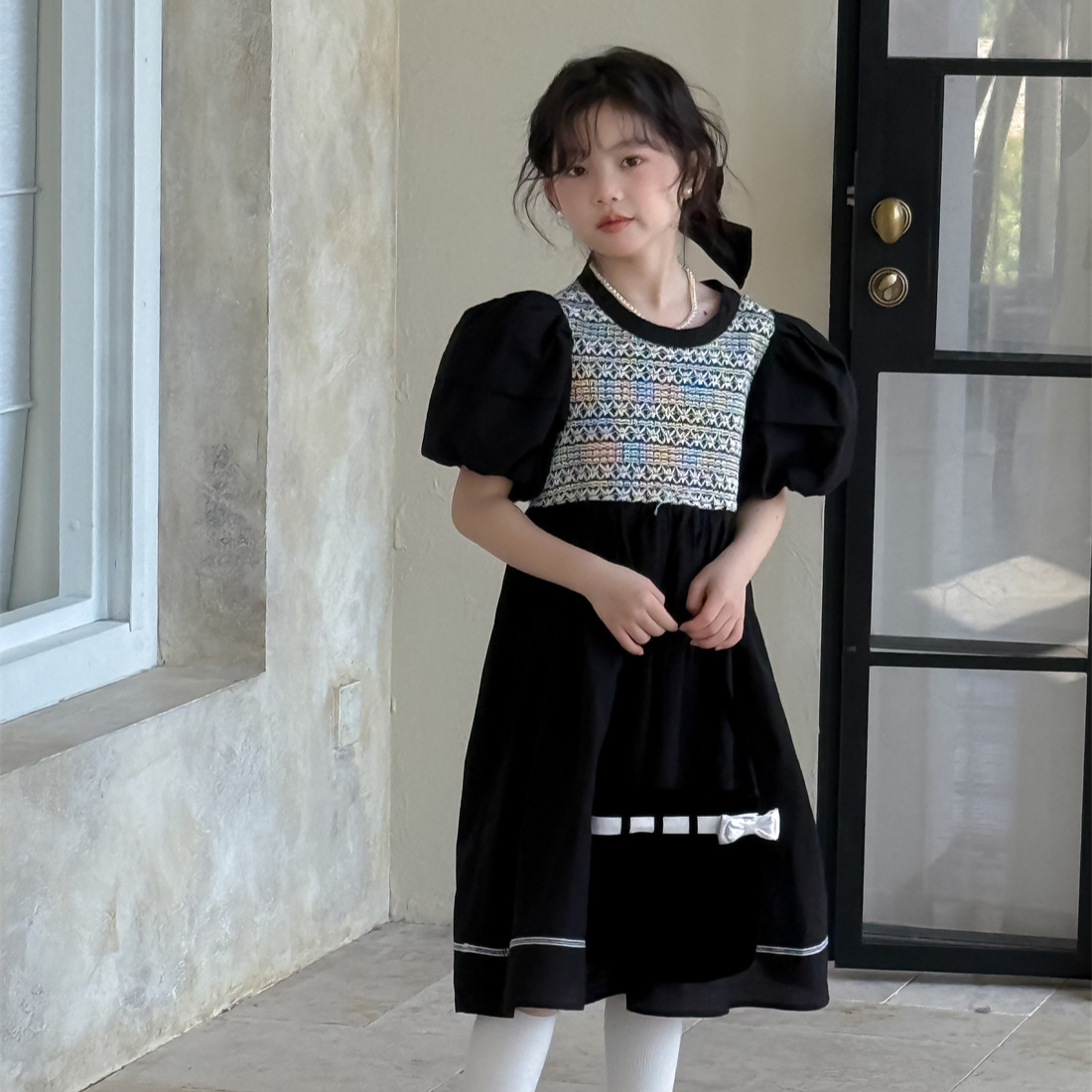 Flower and Girl Dress 2025 Summer New Korean Style Children's Puff Sleeve Dress Color Block Princess Dress Trendy