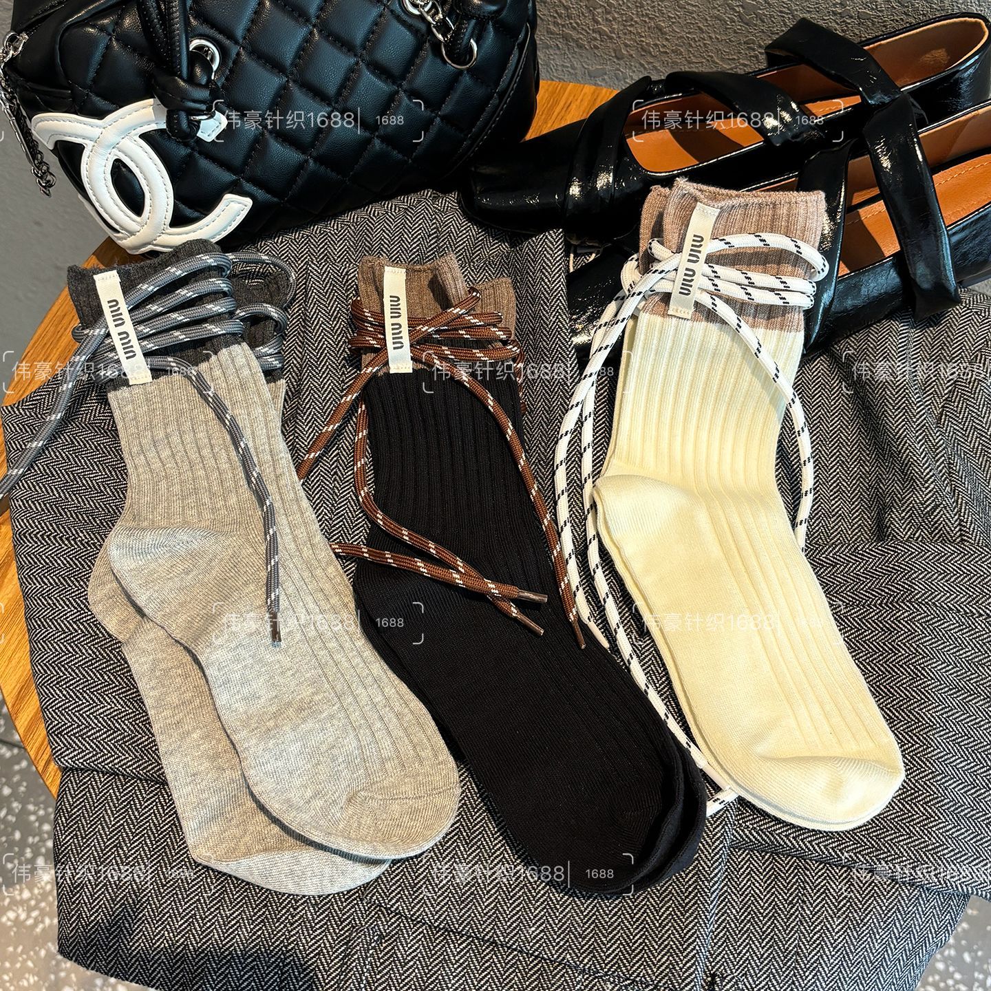 Fashion Drawstring Personality Mid-Calf Socks for Women, Ins Color-Blocking Autumn and Winter New Slouch Socks, Trendy Outerwear Socks for Women