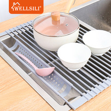 亚马逊挂兜硅胶沥水架折叠不锈钢滤水架厨房置物架水槽碗筷架卷帘