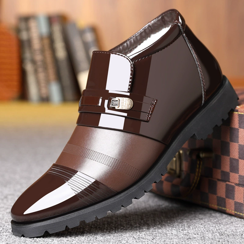 2023 Зимняя Новая мужская деловая официальная кожаная обувь, мужская кожаная обувь с высоким берцем, теплая обувь на флисовой подкладке, туфли с хлопковой подкладкой, остроносые туфли, мужская обувь