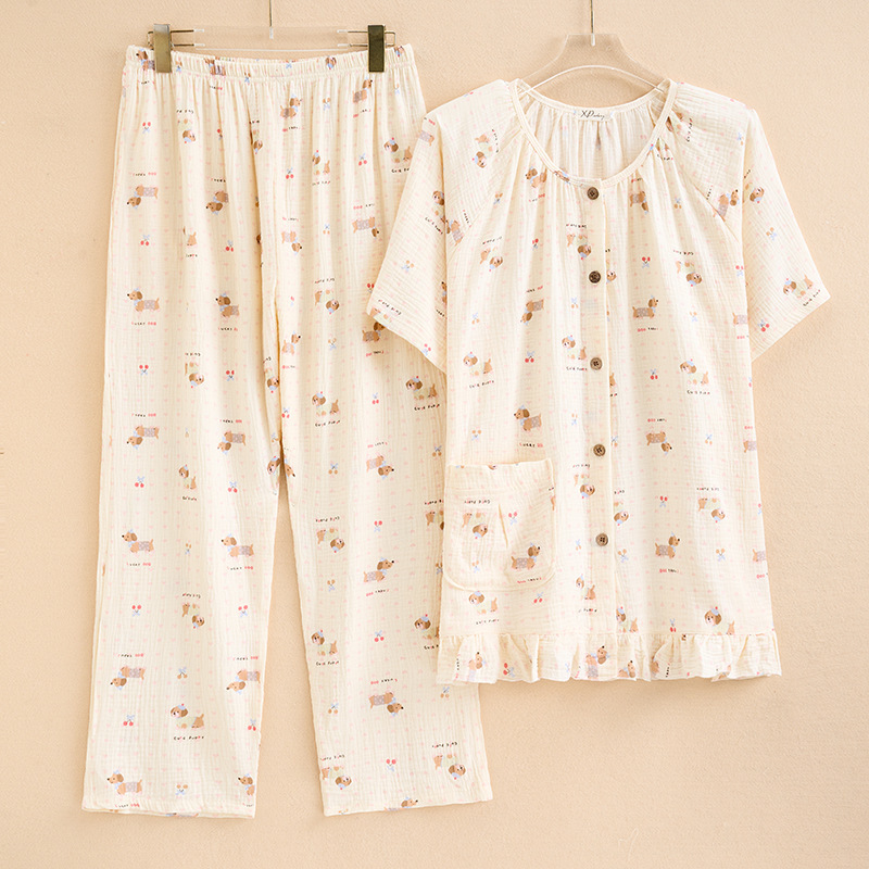 Spring and Summer New Style Double-Layer Cotton Gauze Pajamas for Women, Large Size, Korean Style Cardigan, Short-Sleeved Trousers, Loose-Fitting Home Clothes, Casual Suits