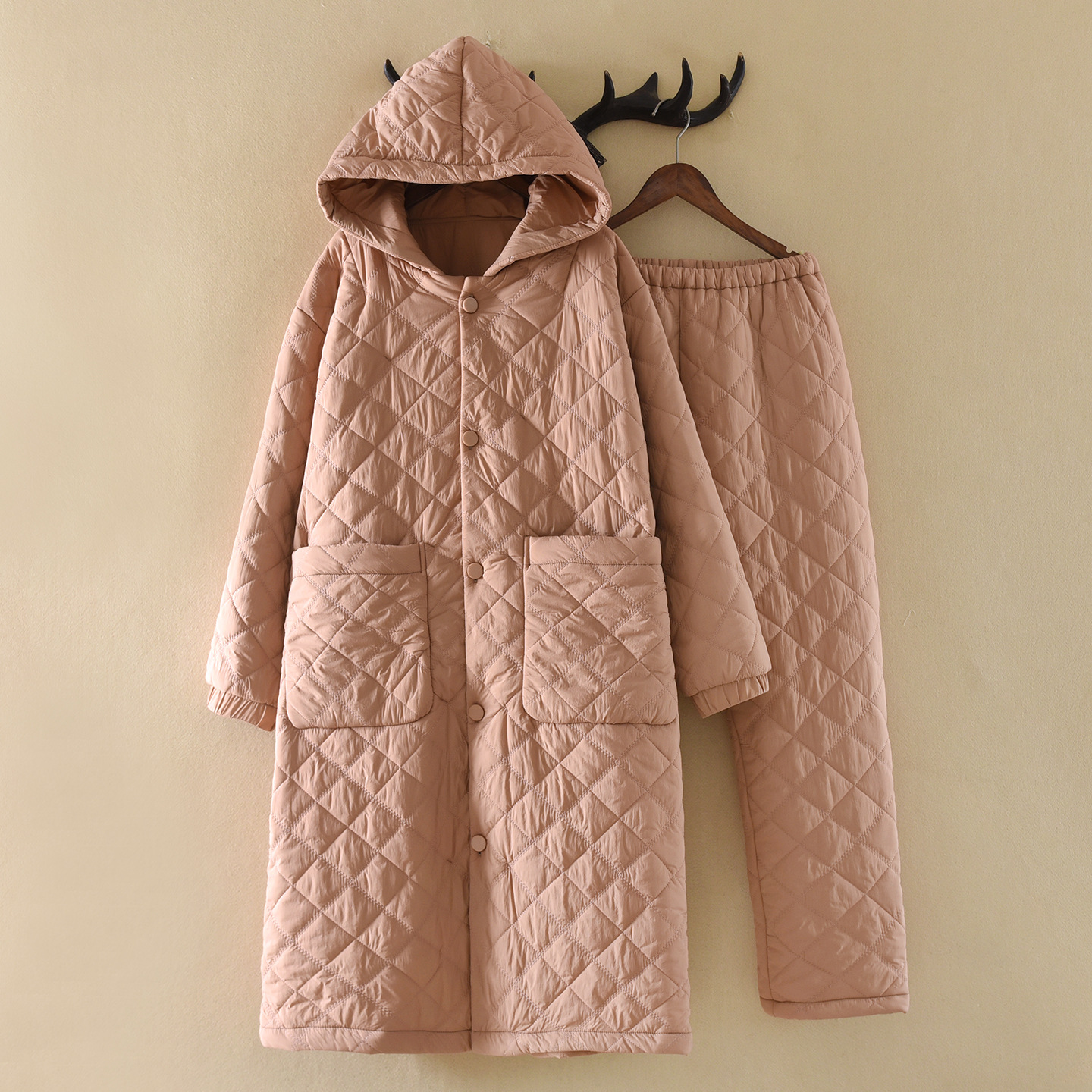 Woven Quilted Pajamas for Women Winter Three-Layer Thickeneded Nightgown Warm Windproof and Waterproof Winter Home Wear Pants Set