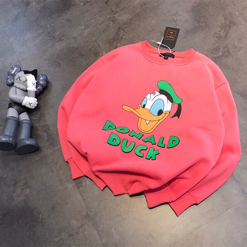 23新款女冬季加绒复古唐老鸭卫衣韩版宽松直筒圆领螺纹减龄卫衣