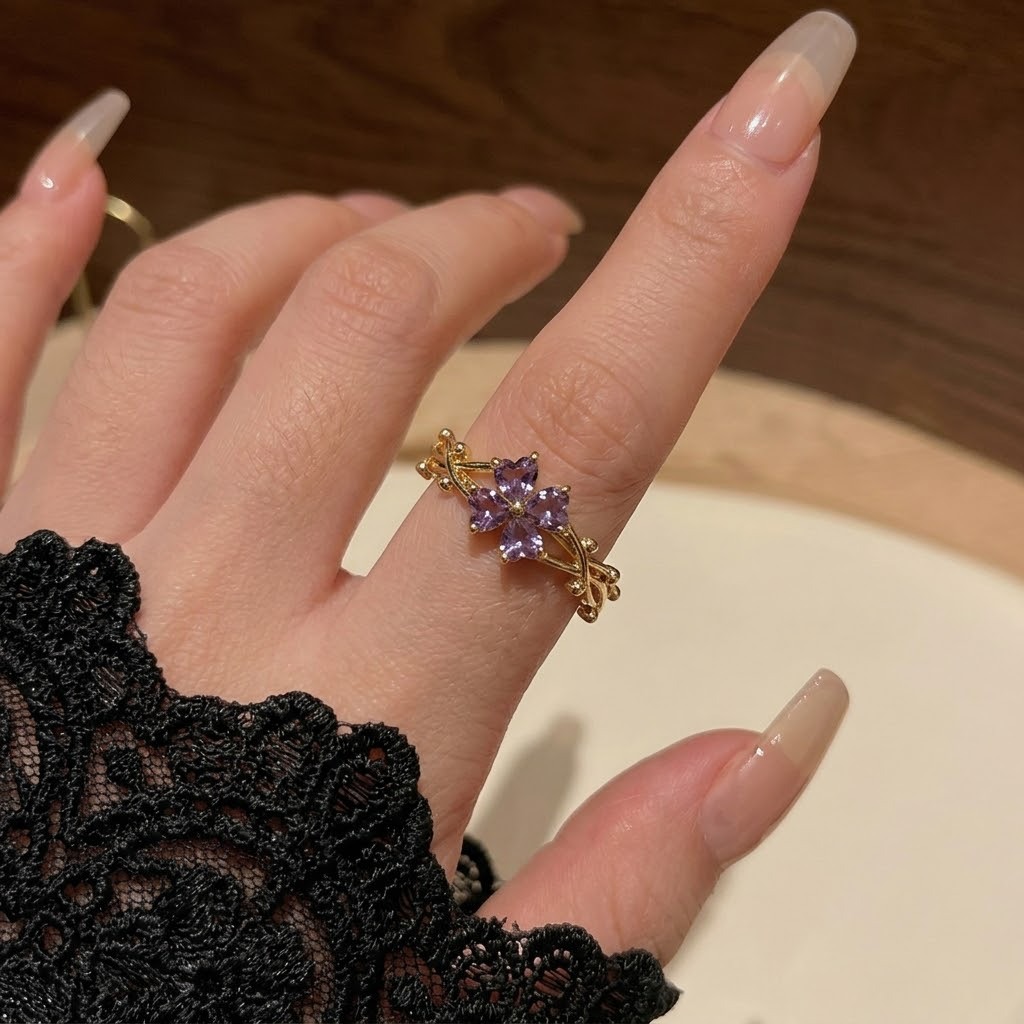 Ring for Women Purple Four-Leaf Flower Zircon Open Ring Sweet Niche Fashion Index Finger Ring Popular Adjustable Finger