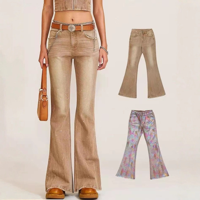 Sk Wilderness Hurricane Handmade Flared Jeans Stretch Slim Mid-Waist Slightly Flared Casual Pants