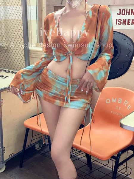 2025 New Sexy Bikini Four-Piece Set Flat Chest Small Chest Flesh Cover Slimming Long-Sleeved High-Grade Pure Desire Tie-Dye